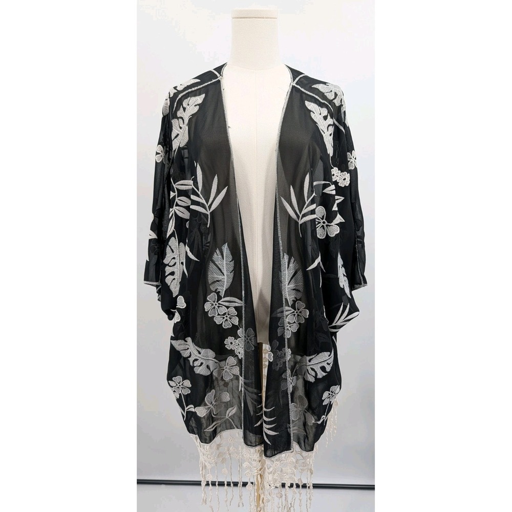 Christopher & Banks Black White Floral Sheer Embroidered Kimono One Size Boho‎